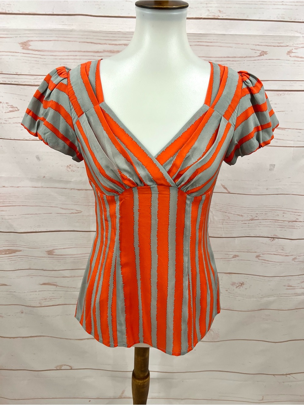 Vintage Nanette Lepore Y2K Fairy 100% Silk Striped Puffy Short Sleeve Blouse